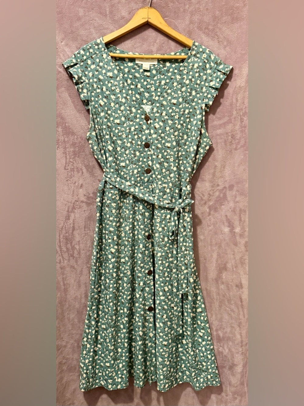 Monteau Green Floral Button-Front Midi Dress